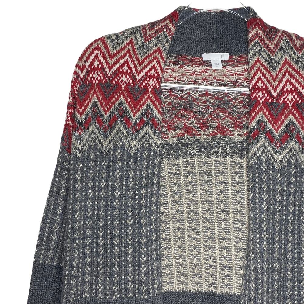 J Jill Womens Small Open Front Long Cardigan Duster Sweater Red Gray Wool Blend - Picture 2 of 9